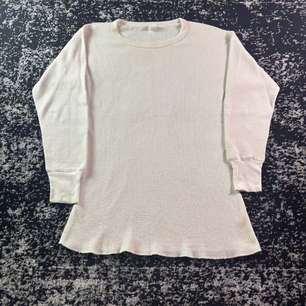 Vintage 70s Kmart Thermal Shirt Mens Large Waffle Knit Cotton Cream Long Sleeve